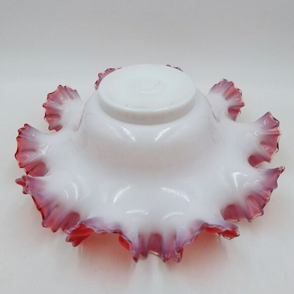 Victorian Brides Basket Bowl Cranberry Pink White Milk Glass Ruffled Rim 11 Inch - Picture 6 of 10